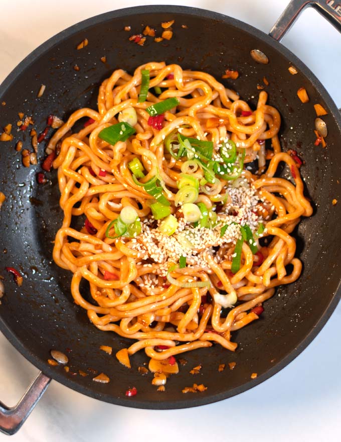 Top view of a serving of Thai seasoned noodles.