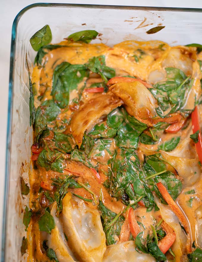 Closeup of Dumpling Bake after baking in the oven.