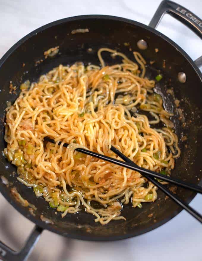 Chopstick with a serving of Hibachi Noodles.