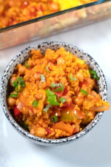 Closeup of a serving of Leftover Spanish Rice Bake.