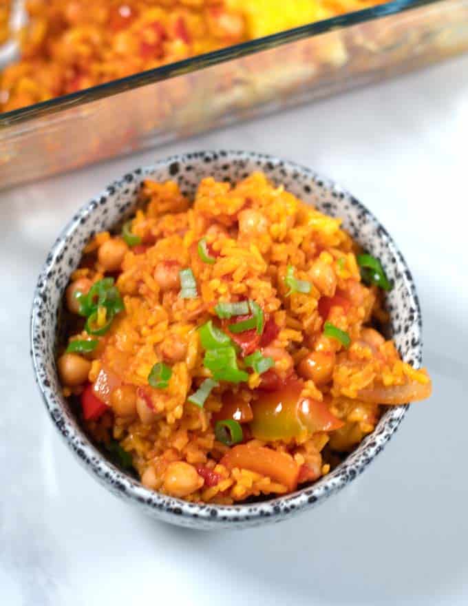 Closeup of a serving of Leftover Spanish Rice Bake.