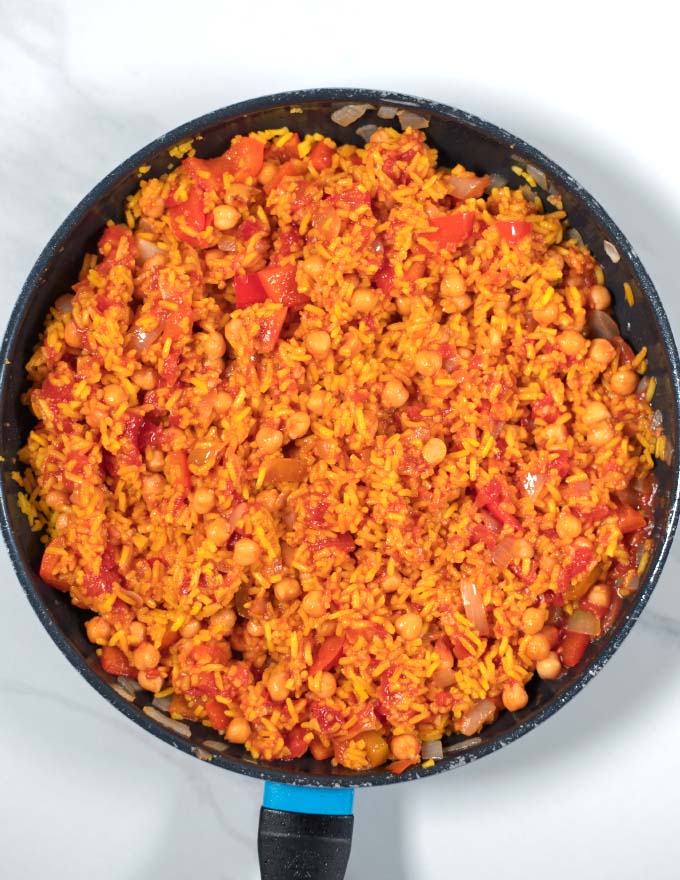 Leftover Spanish Rice in the frying pan.