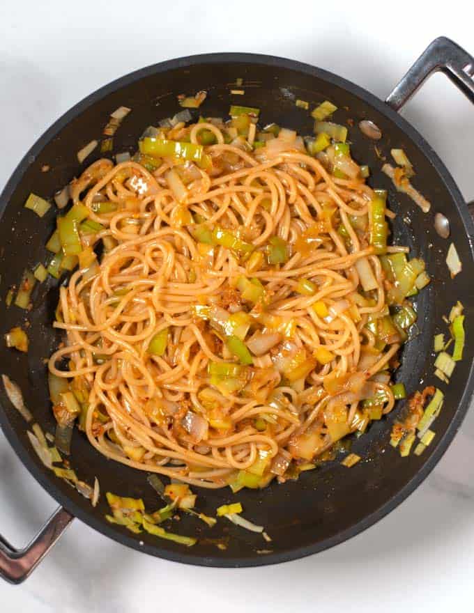 Mixed Miso Pasta in the frying pan.