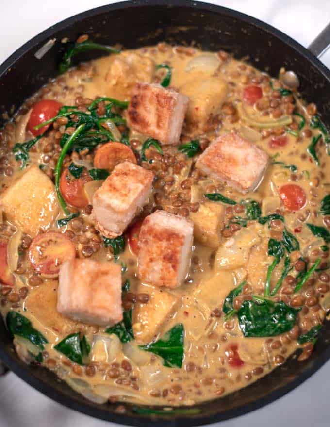 Ready Tofu Curry in a pan.