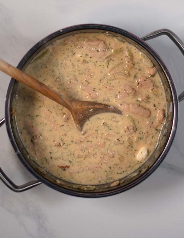 Creamy soup base with chicken.