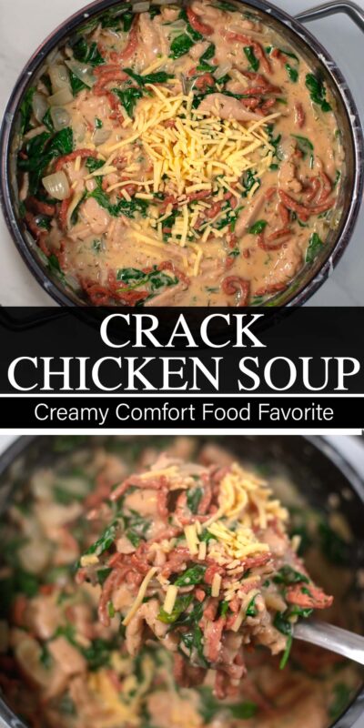 Collage of two photos of Crack Chicken Soup with recipe title text.