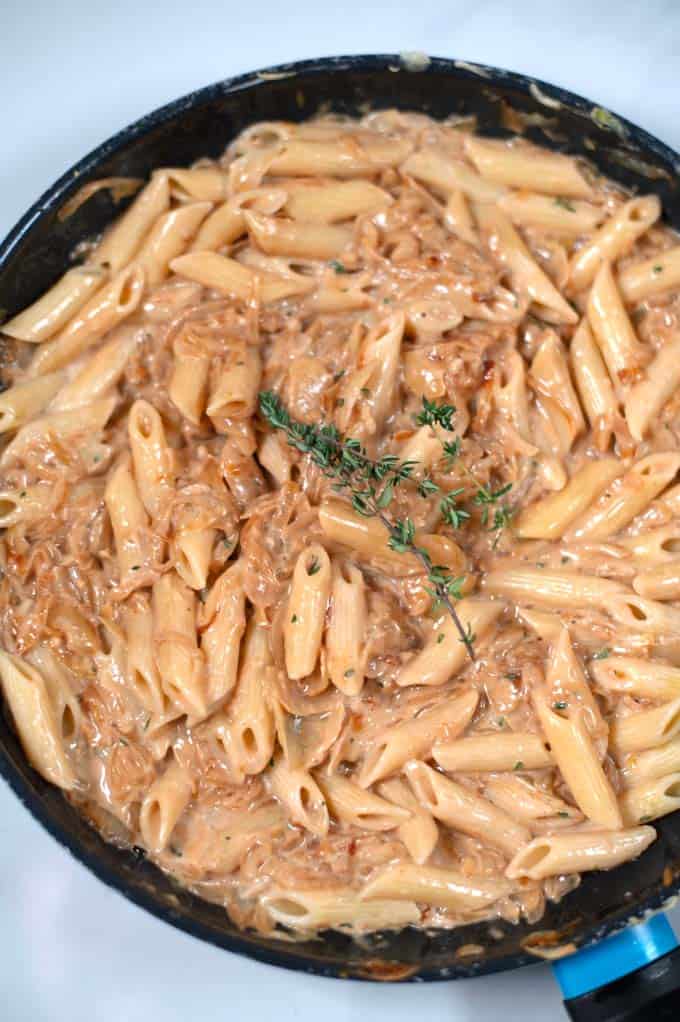 Closeup of a pan with French Onion Pasta.