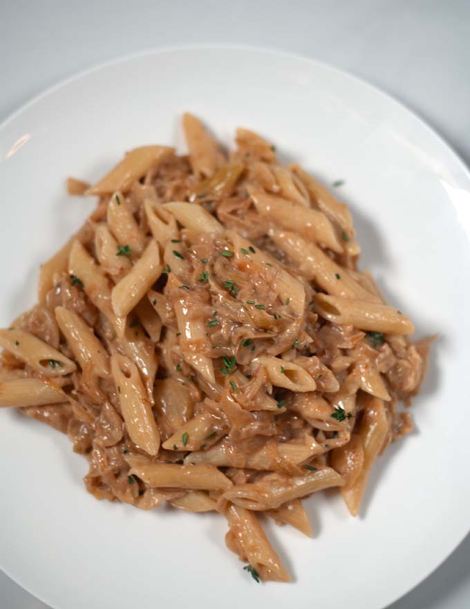 Closeup of French Onion Pasta.