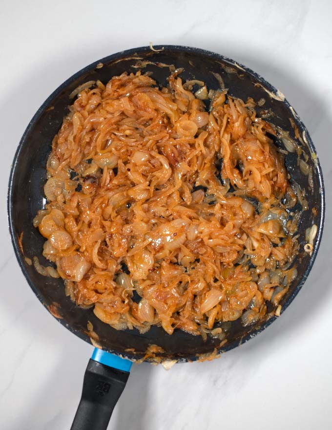 Onions are caramelized in butter.