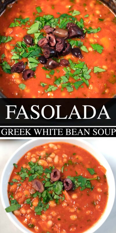 Collage of two pictures of Fasolada with recipe title text.